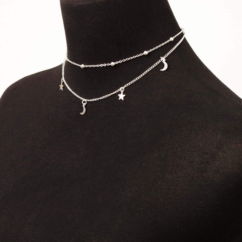 BaubleStar Fashion Layering Star Moon Charm Pendant Tassel Necklace Silver Chain Choker Collar Multi Layered Statement Jewelry Women - Image 3